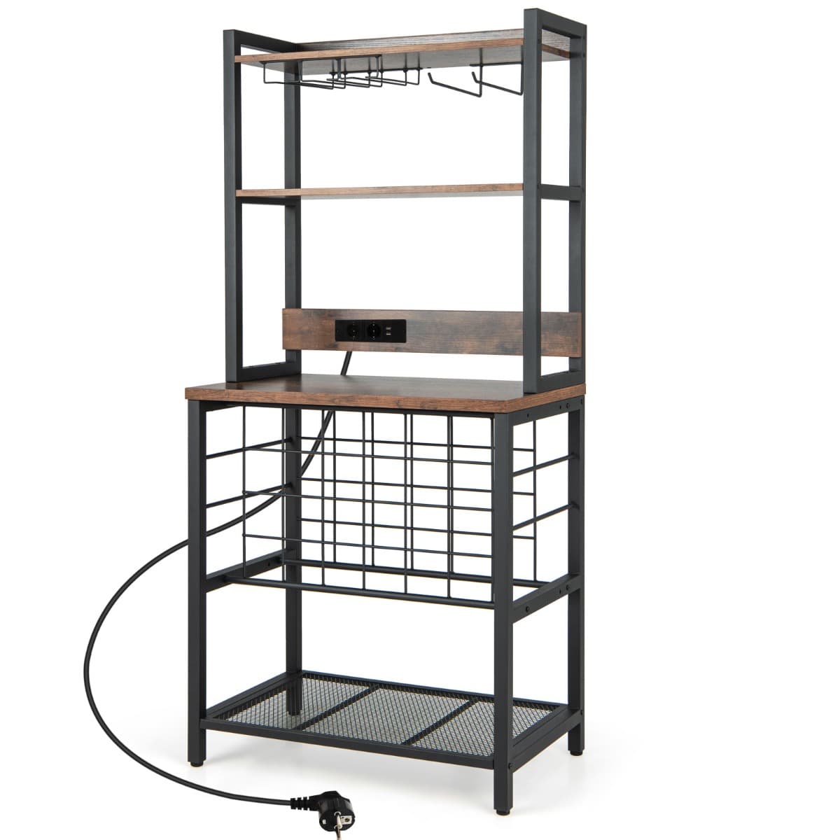 CostwayCasier à Vin de Style Industriel avec 4 Étagères de Rangement Porte-verre Casiers à Bouteilles Prises de Courant Étagère Industrielle Café