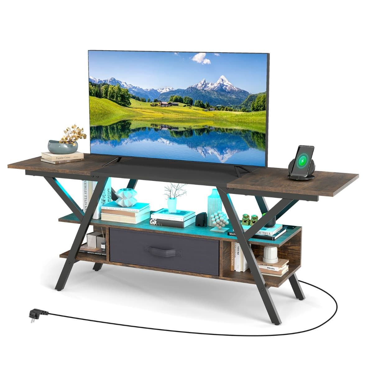 CostwayMeuble TV pour Téléviseurs 65'' Meuble Multimédia à 3 Niveaux avec Lumières RGB LED et Station de Charge Console Multimédia 140x40x54cm Brun