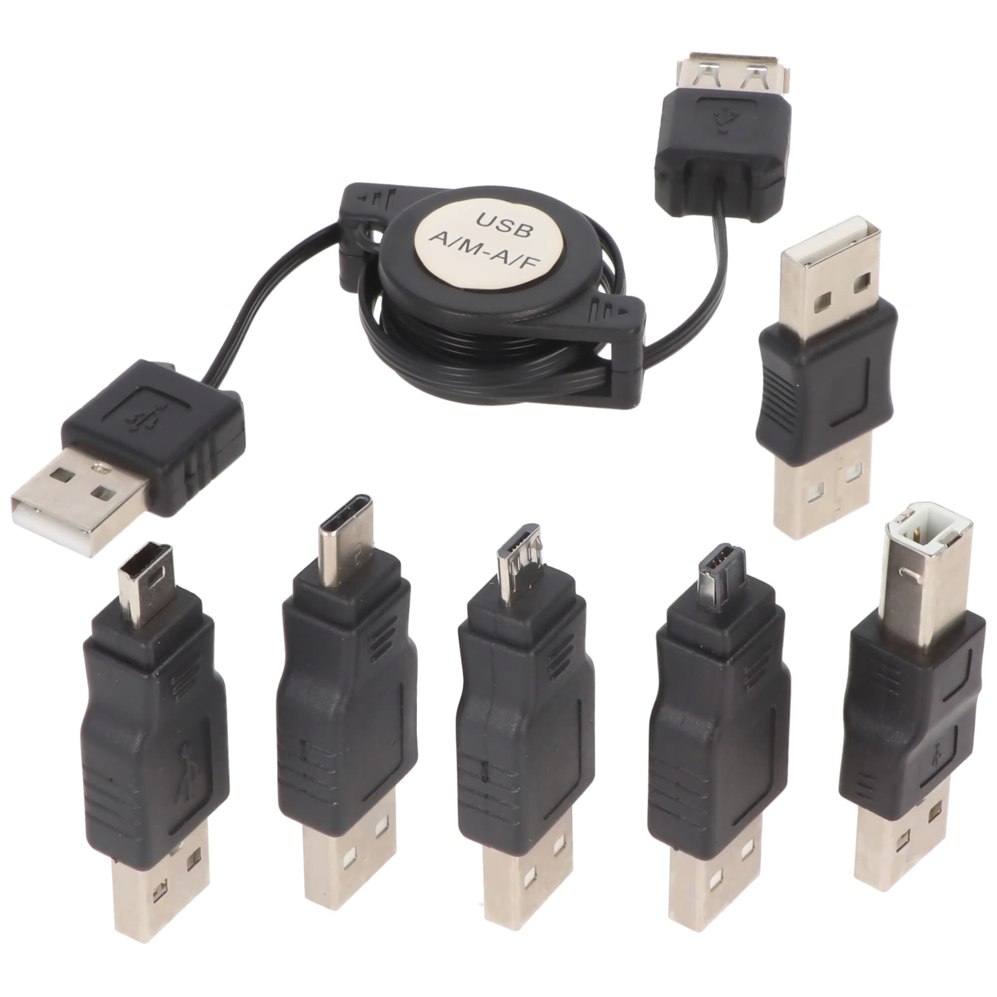 Jeu d'adaptateurs USB en 7 parties avec boîte à enroulement pratique, câble d'extension USB pour une connexion directe à un périphérique USB