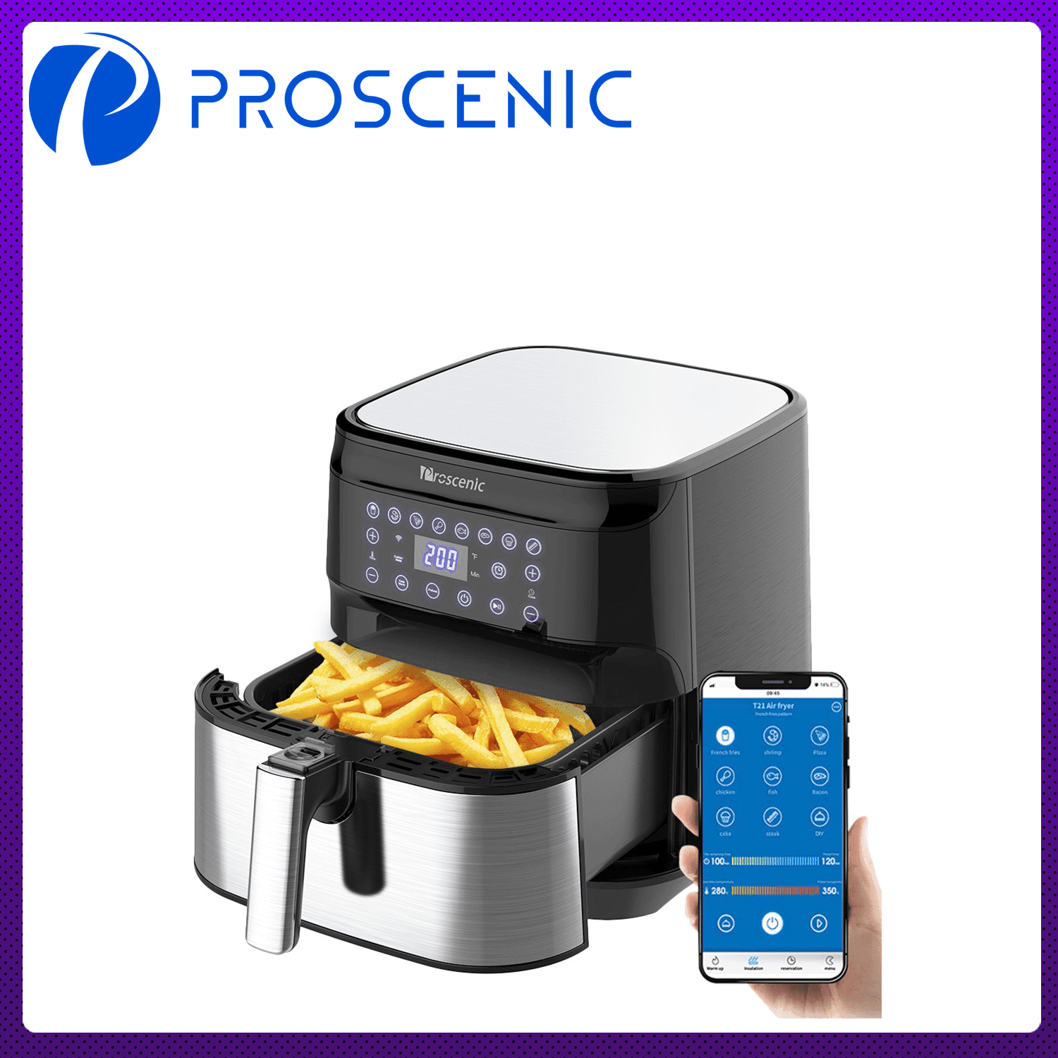 Proscenic T21 Friteuse à air intelligente, friteuse sans huile, contrôle par application et Alexa, capacité de 5,5 L/5,8 QT, friteuse à air